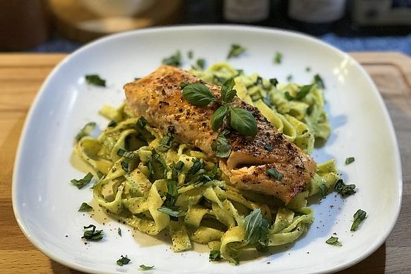 Pasta with Avocado Basil Pesto and Spicy Salmon