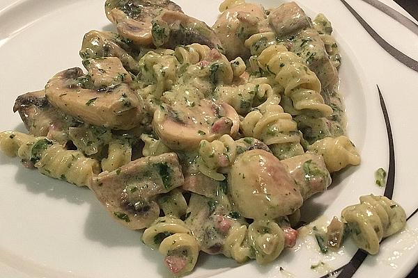 Pasta with Cream Cheese Sauce, Mushrooms and Ham