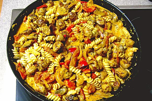 Pasta with Sausage, Mushroom, Tomato and White Wine Sauce