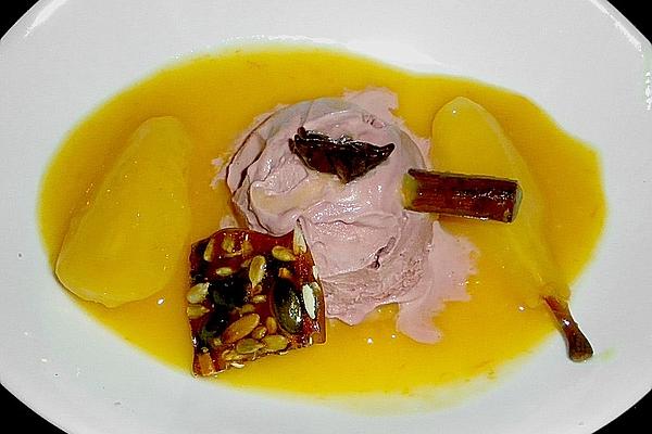 Pear Wedges with Mulled Wine Ice Cream and Grains – Brittle