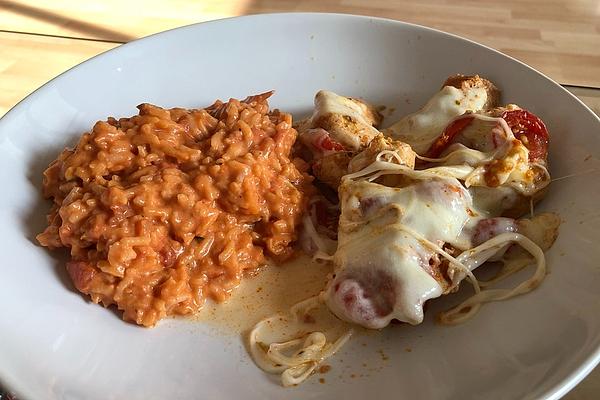 Pesto Mozzarella Chicken with Tomato Rice