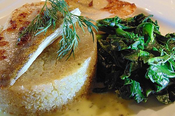 Pikeperch on Quinoa with Spinach Leaves and Mustard Sauce