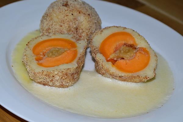 Plum or Apricot Dumplings with Wine Foam Sauce