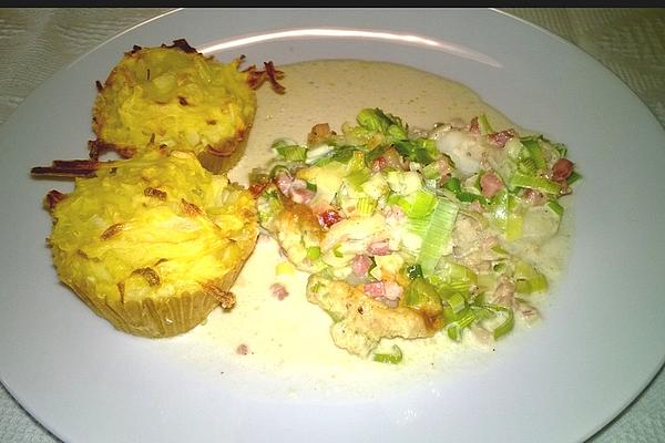 Pollack with Leek Cover and Potato Muffins