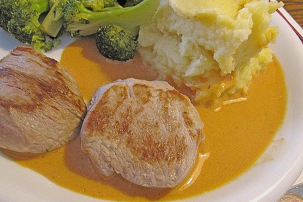 Pork Fillet in Cognac – Pepper Sauce with Potato Biscuits