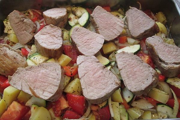 Pork Fillet on Mediterranean Oven Vegetables