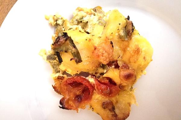 Potato Gratin with Green Asparagus and Cherry Tomatoes