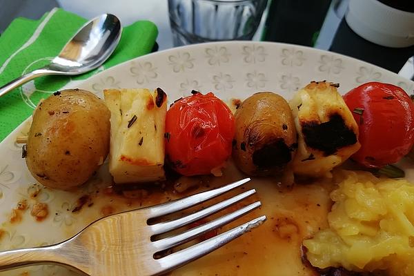 Potato, Tomato and Cheese Skewers with Herb Curd