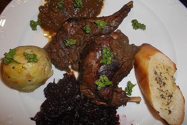 Rabbit Legs Braised in Red Wine with Spaetzle