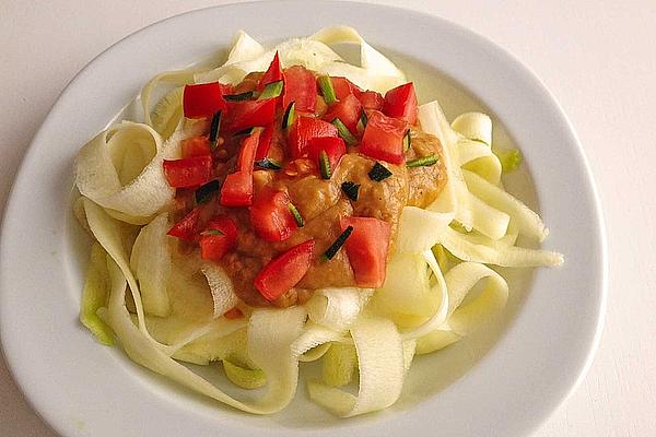 Raw Vegetables Zucchini Tagliatelle with Quick Avocado Tomato Sauce