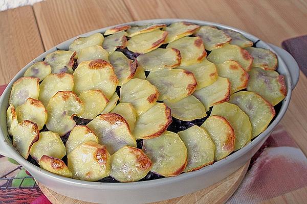 Red Cabbage Casserole with Minced Meat Under Potato Hood