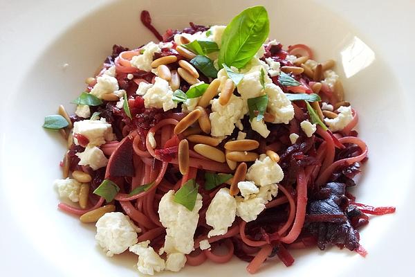 Red Spaghetti with Feta Cheese and Pine Nuts
