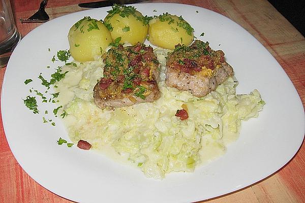 Roast Mustard with Potatoes and Savoy Cabbage Cream