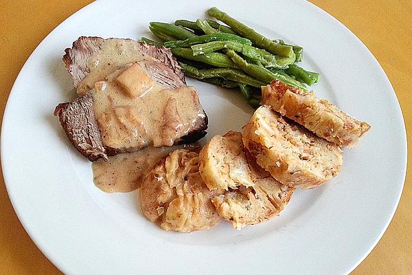 Roast Pork Neck with Cream, Bacon and Onion Sauce