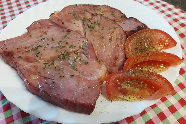 Roasted Smoked Pork Slices with Brussels Sprouts and Polenta
