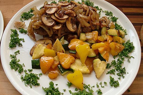 Rump Steak Gratinated with Onions and Mushrooms