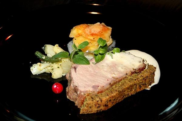 Saddle Of Veal with Herb Crust, Potato Turrets and Fine Leipzig-style Vegetables