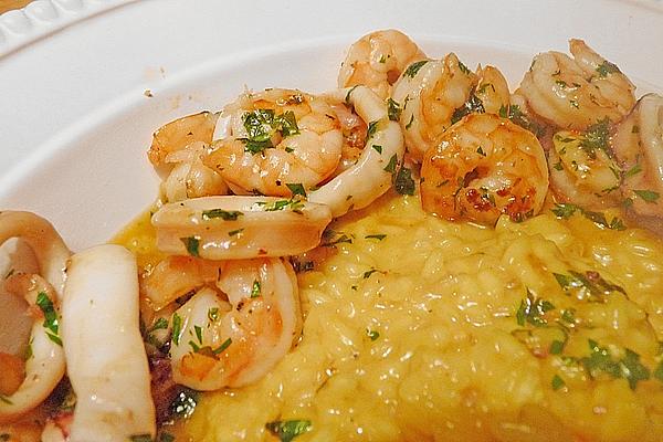 Saffron Risotto with Calamaretti and Prawns