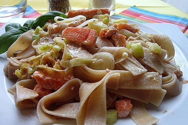 Salmon Cubes on Ribbon Noodles
