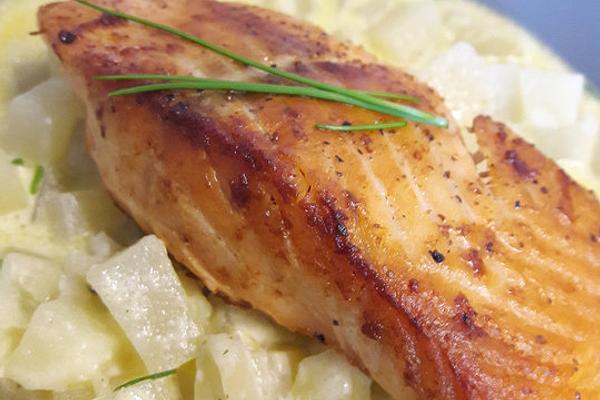 Salmon Fillet on Fine Kohlrabi, Mustard and Cream Sauce