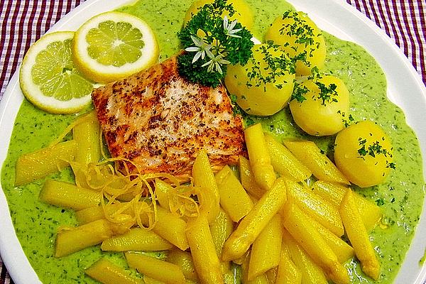 Salmon Fillet with Saffron Asparagus and Wild Garlic Sauce