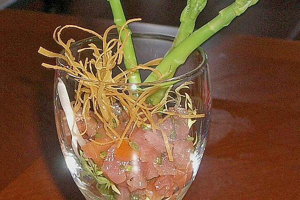 Salmon Tartare in Smoked Salmon Casing with Cress – Mustard – Sauce