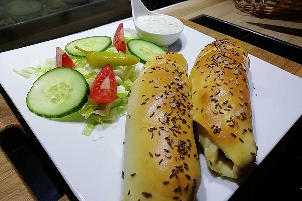 Sausage Croissants with Fried Onions