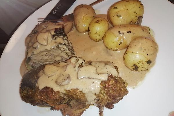 Savoy Cabbage Rolls in Porcini Mushroom Sauce