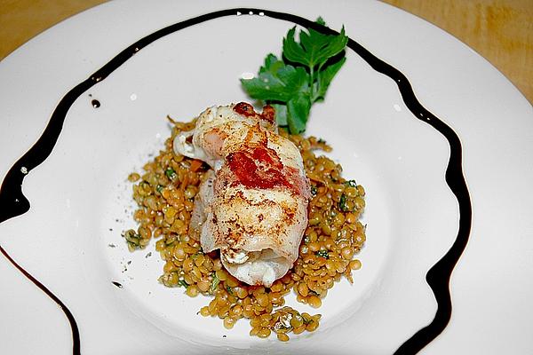 Scallops in Pancetta on Red Lentil Salad