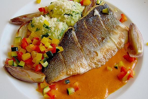 Sea Bass Fillet Fried on Skin, with Paprika Sauce and Parmesan Potatoes