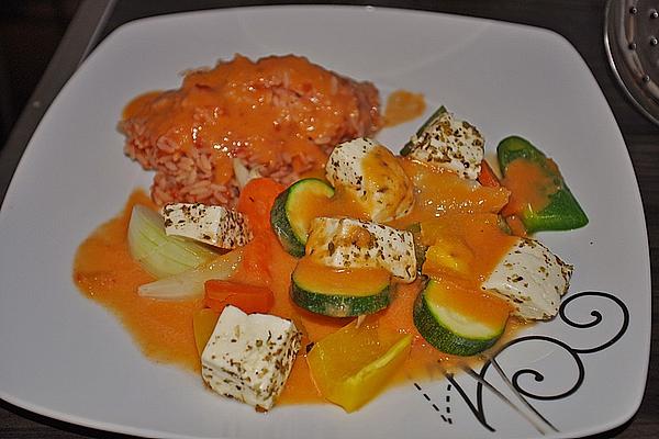 Sheep Cheese with Bell Pepper and Tomato Vegetables on Rice from Thermomix