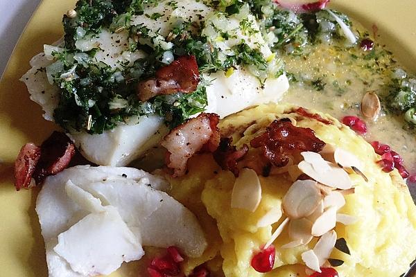 Skrei with Mashed Almonds and Oil and Herb Sauce