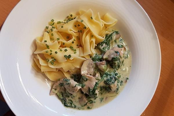 Sliced ​​chicken with Spinach Leaves and Mushrooms