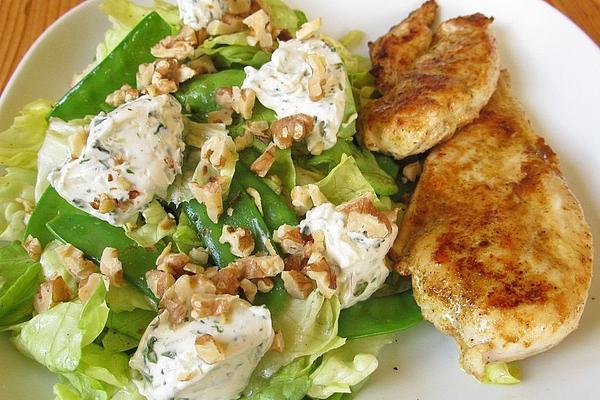 Snow Peas Salad with Spicy Cream Cheese Balls