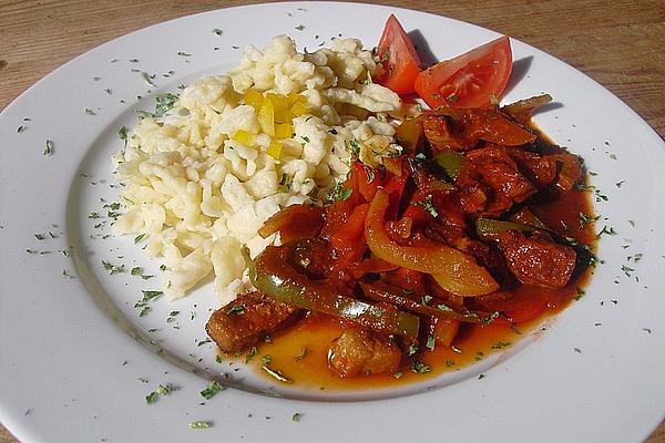 Spaetzle with Schnitzel, Paprika and Tomato Sauce