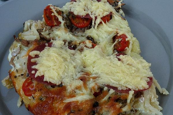 Spaghetti Pizza with Salami