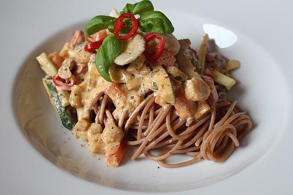 Spaghetti with Oyster Mushrooms and Pesto Cream