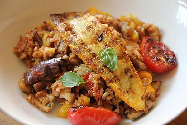 Spelled with Grilled Vegetables and Grilled Tomato Pesto