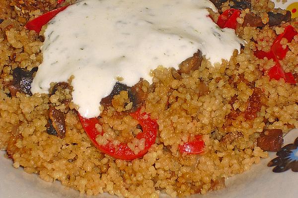Spicy Mushroom Couscous with Yogurt Sauce