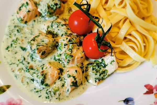 Spinach – Salmon – Cream – Sauce on Spaghetti