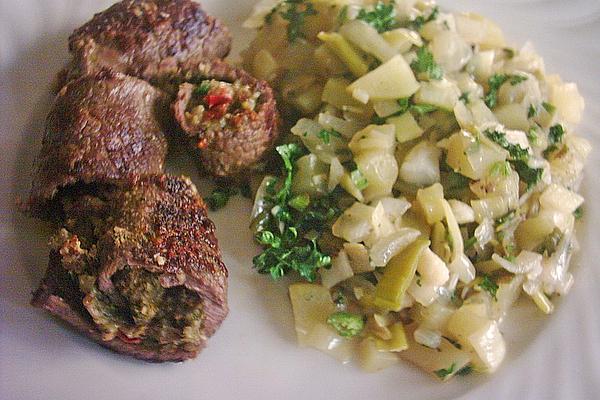 Steak Rolls Filled with Pesto on Leek Potatoes