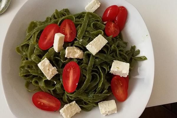 Tagliatelle with Basil Pesto, Tomatoes and Feta