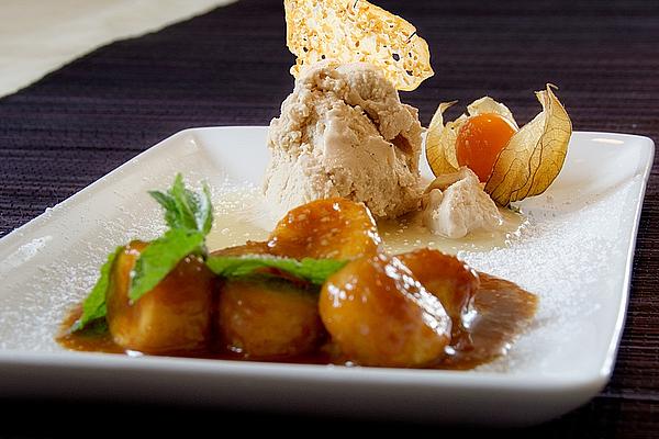 Tamarind Ice Cream on Coconut Sauce with Caramelized Bananas