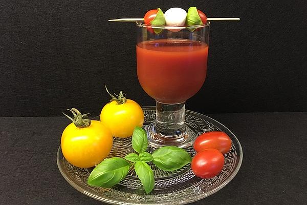 Tomato Shooter with Tomato, Mozzarella and Basil Skewers