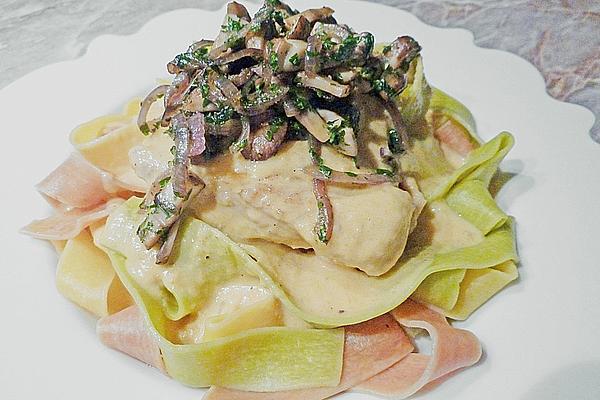 Turkey Breast in Fine Mushroom Wine Sauce on Green Pasta
