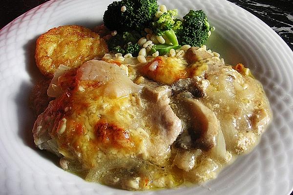 Turkey Schnitzel Gratinated with Mushroom Crust