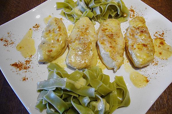 Turkey Schnitzel with Cheese Sauce and Green Ribbon Noodles