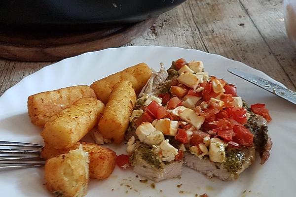 Turkey Steaks with Tomato Feta Crust and Croquettes