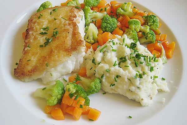 Tusk on Parsnip Puree with Carrots and Green Cauliflower