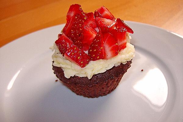 Two Kinds Of Chocolate Cupcake with Lemon Frosting and Fresh Strawberries